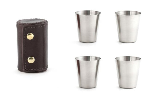 Four stainless steel tequila glasses with leather case