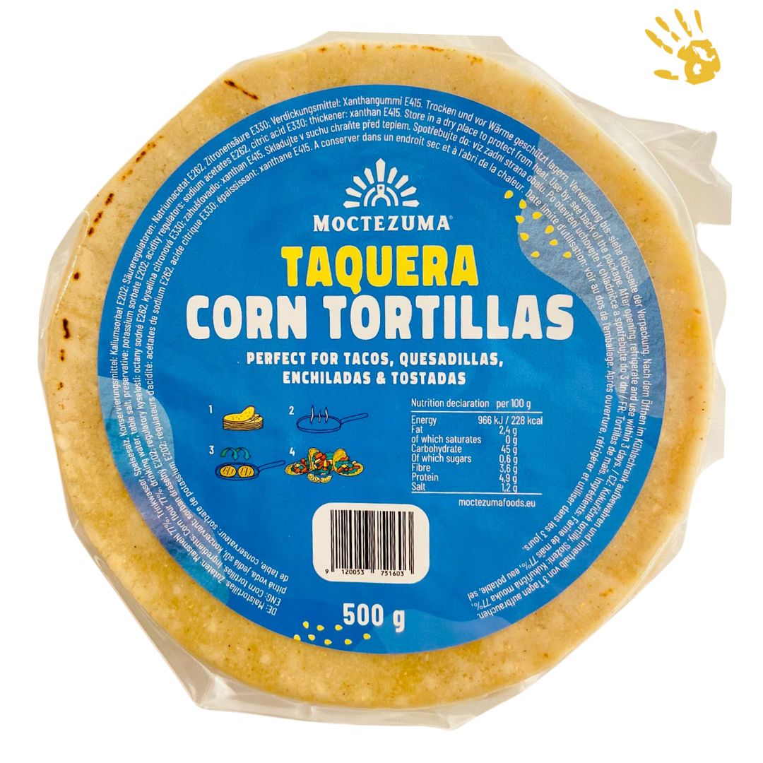 Moctezuma, tortillas de maíz blanco (taquera), sin gluten, empacado al alto, 12 cm, 500g 